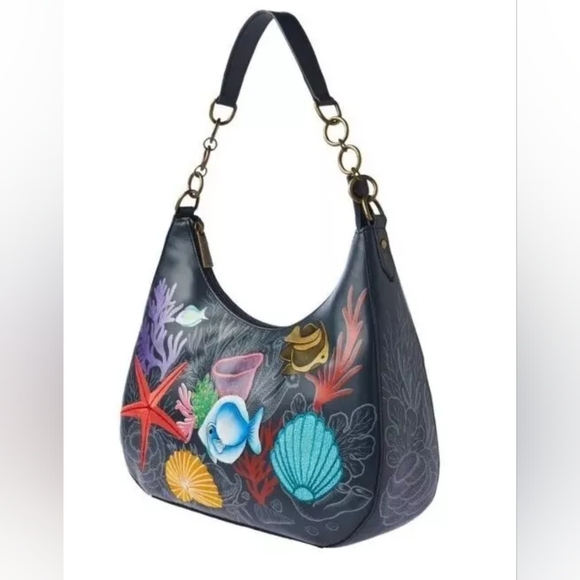 NWOT Anuschka Ocean Magic Handpainted Embroidered Leather Hobo Bag - Picture 3 of 14